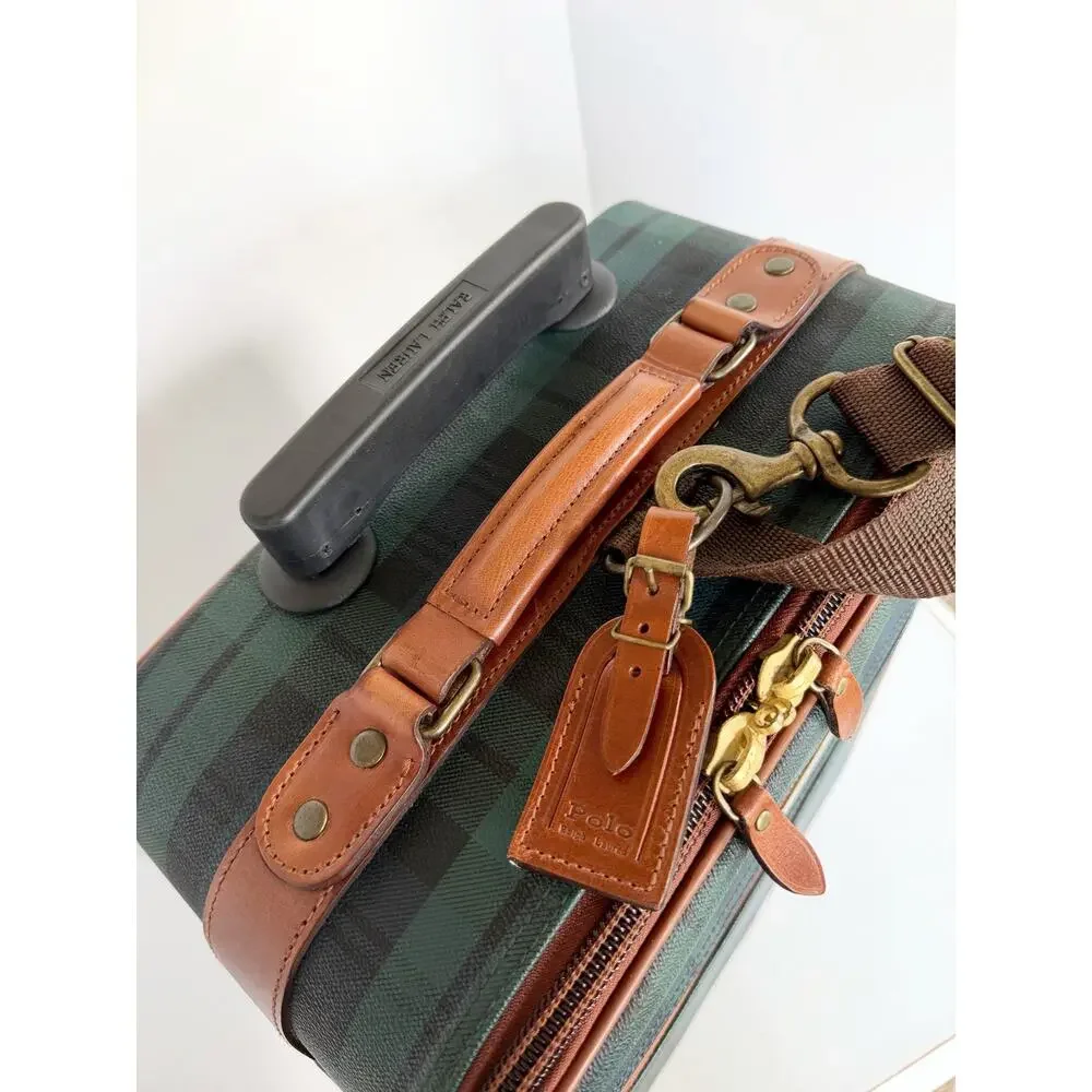 Polo Ralph Lauren Blackwatch Plaid Carry On Luggage Suitcase Leather Navy Green